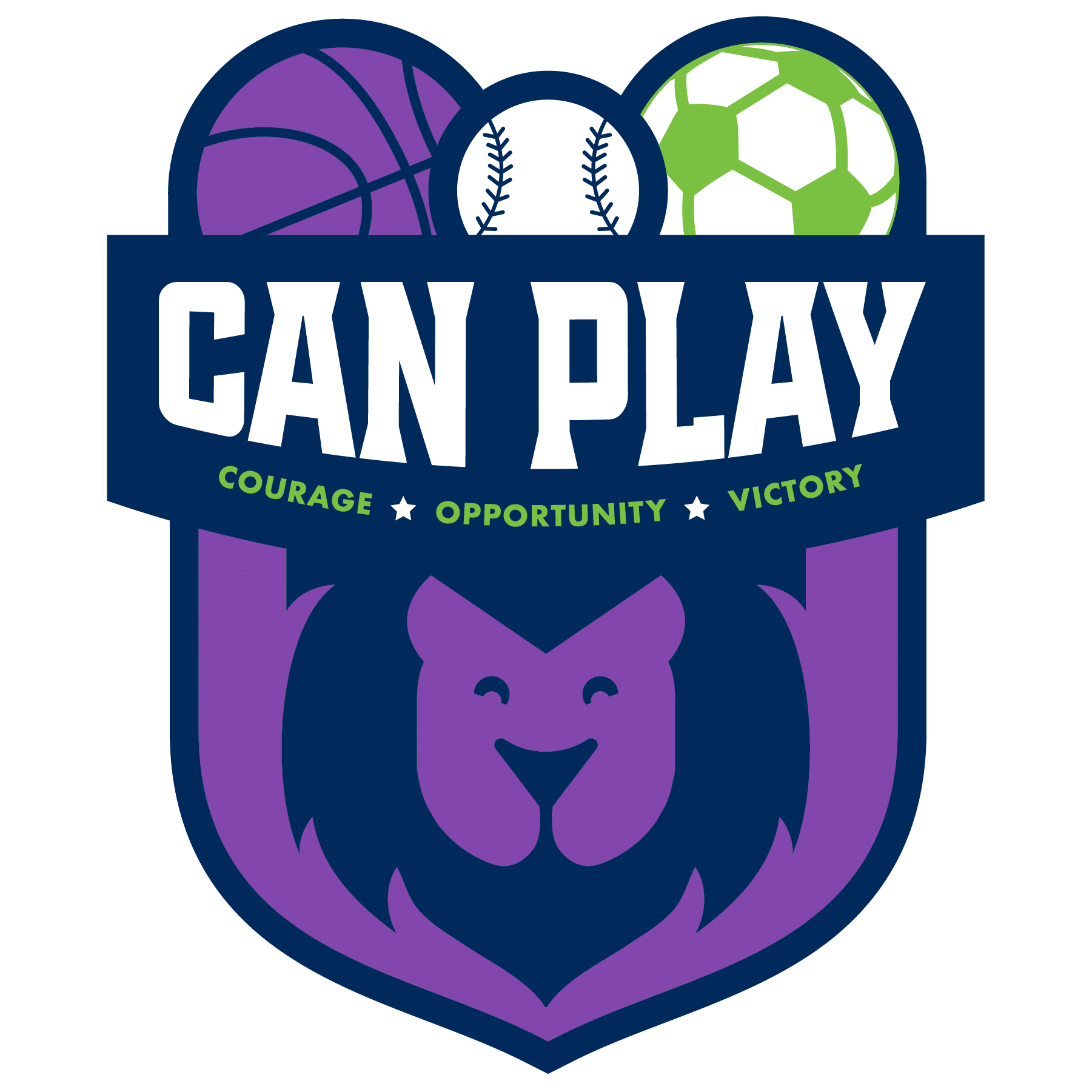 A logo for "CAN PLAY" featuring a purple lion's face, with the words "COURAGE", "OPPORTUNITY", and "VICTORY" below the main text. Above the text are sports balls: a purple basketball, a baseball, and a green soccer ball.